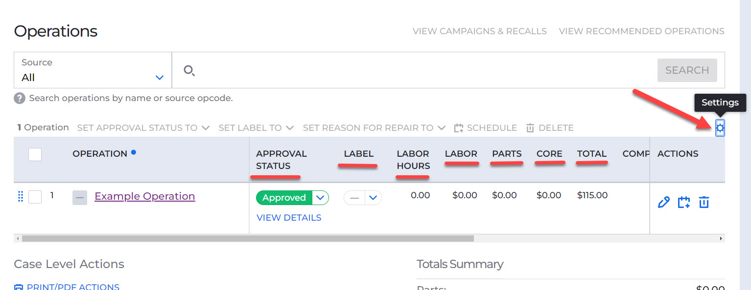 New Operations Table - Operations Table Settings – Decisiv